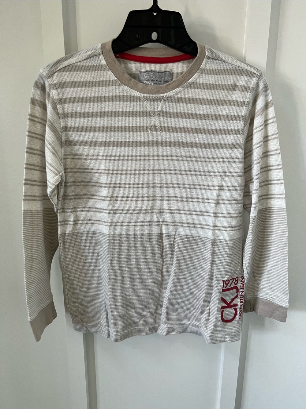Calvin Klein Jeans Beige & White Striped Long-Sleeve Thermal Tee with Red Logo